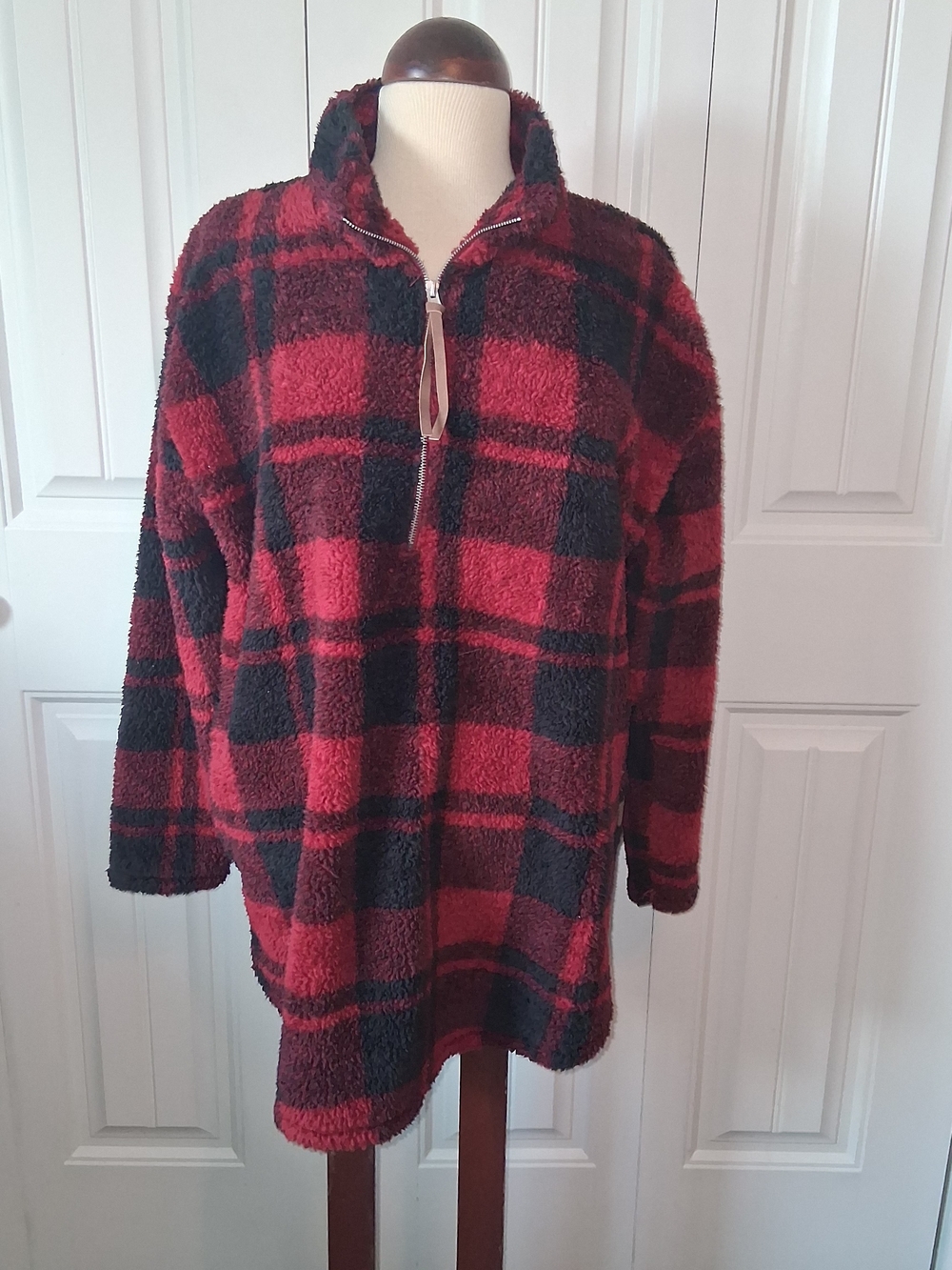 NWT MAURICE'S Cozy Red & Black Plaid Sherpa Quarter-Zip Pullover Sz XLarge